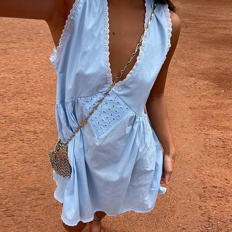 Lace Trim V Neck Flowy A-Line Mini Dress - View 4 | VelvetHem