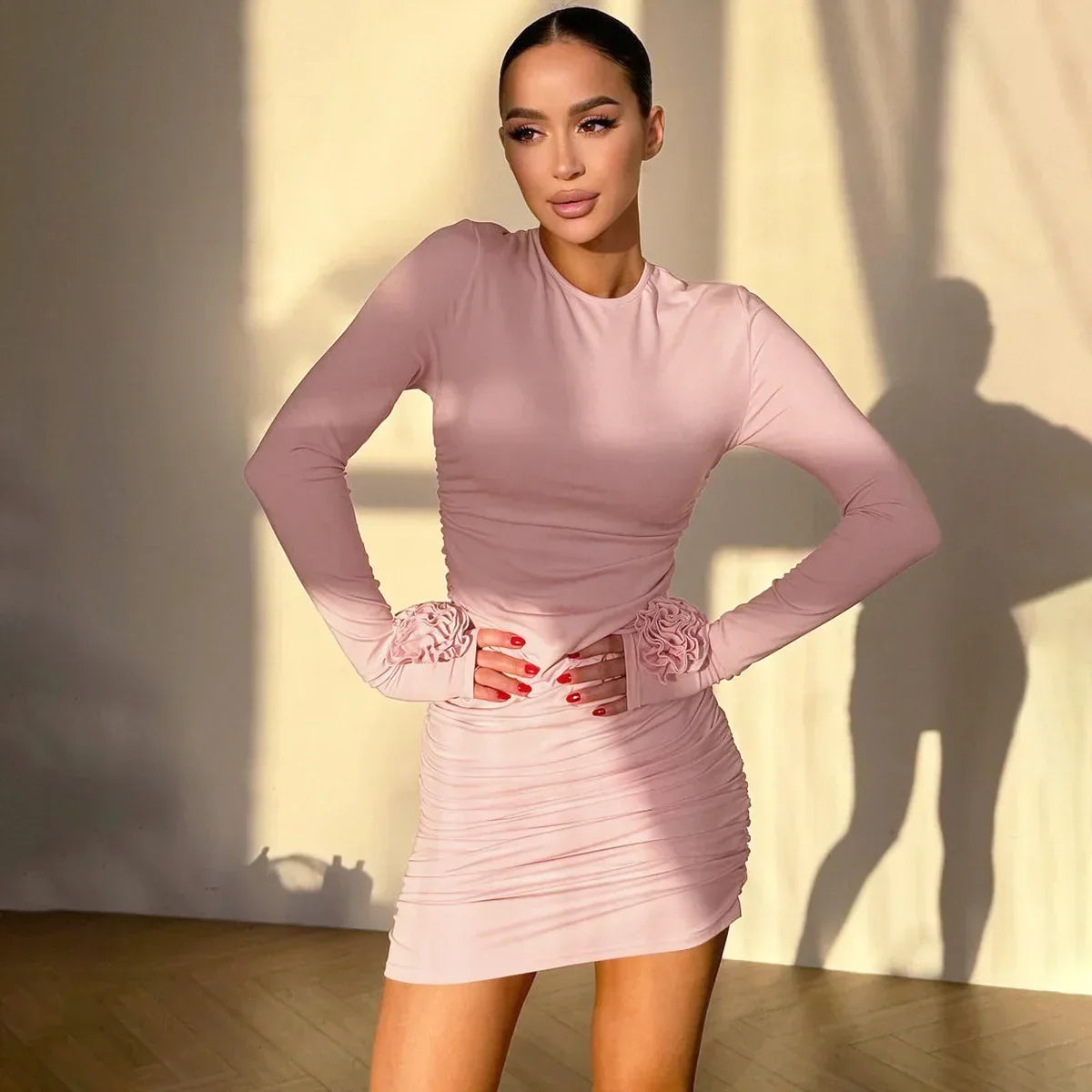 Floral Long Sleeve O-Neck Ruched Bodycon Work Dress - View 2 | VelvetHem