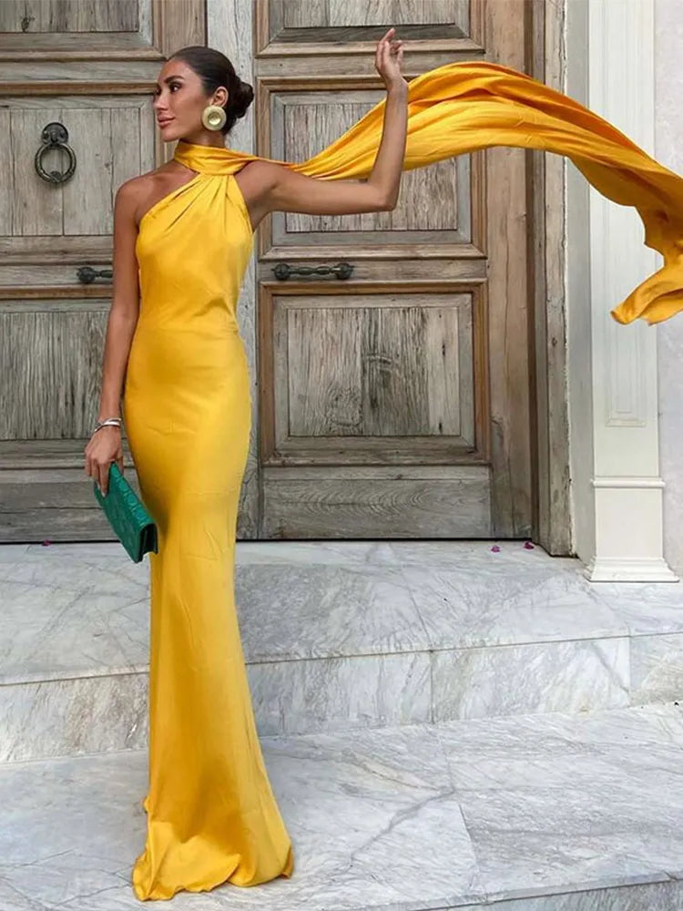 Solid Ribbon Halter Off Shoulder Silk Dress