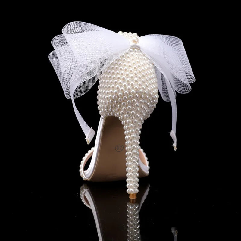 Summer Bowknot Beading Women Gladiator Sandals Luxury Pearls White thin High heels Wedding Bridal Party Shoes - View 2 | FashionDia
