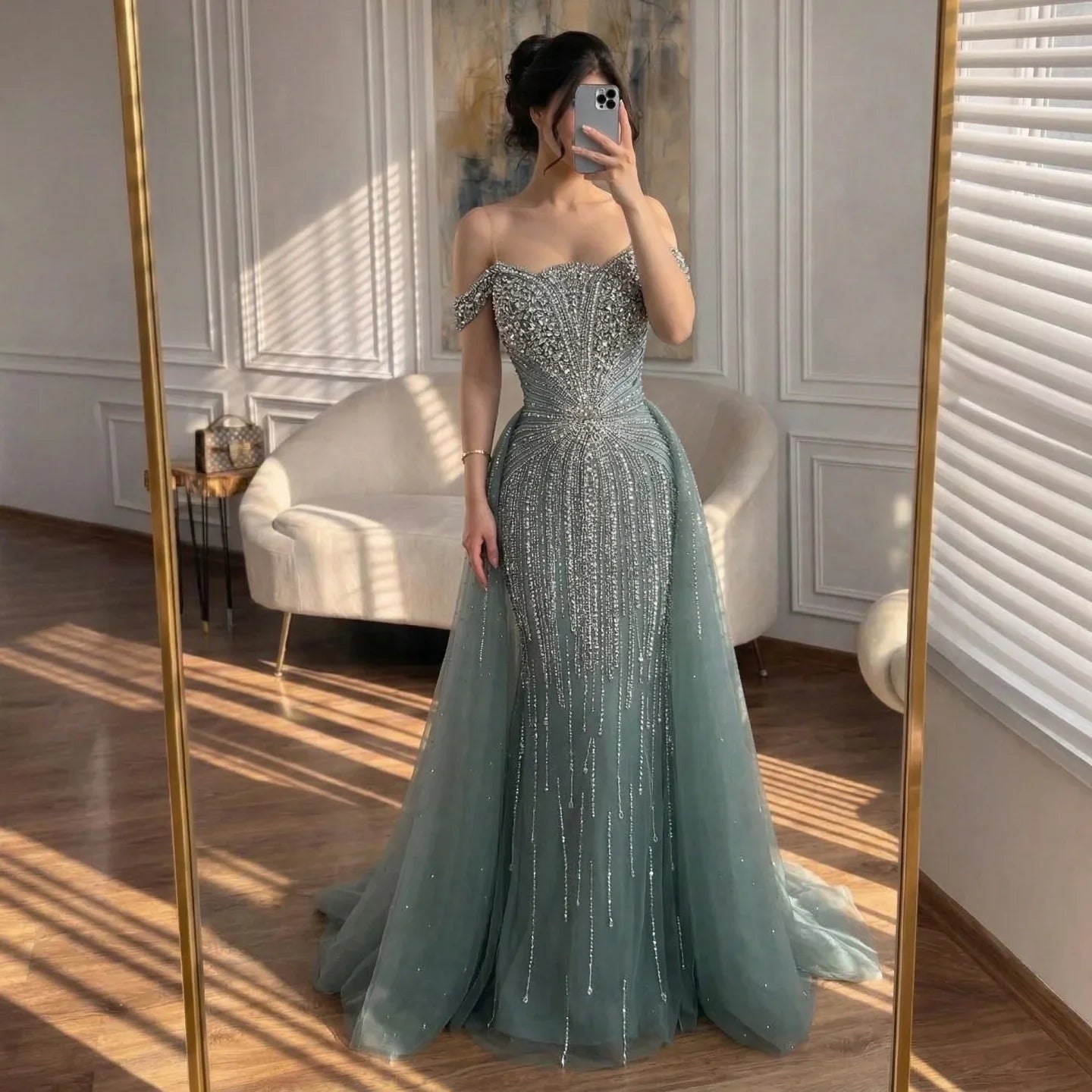 Zapdress Green Mermaid Beaded Evening Party Gown 2026 Elegant Off-Shoulder Runway Dress with Overskirt Customized (ZD17288)
