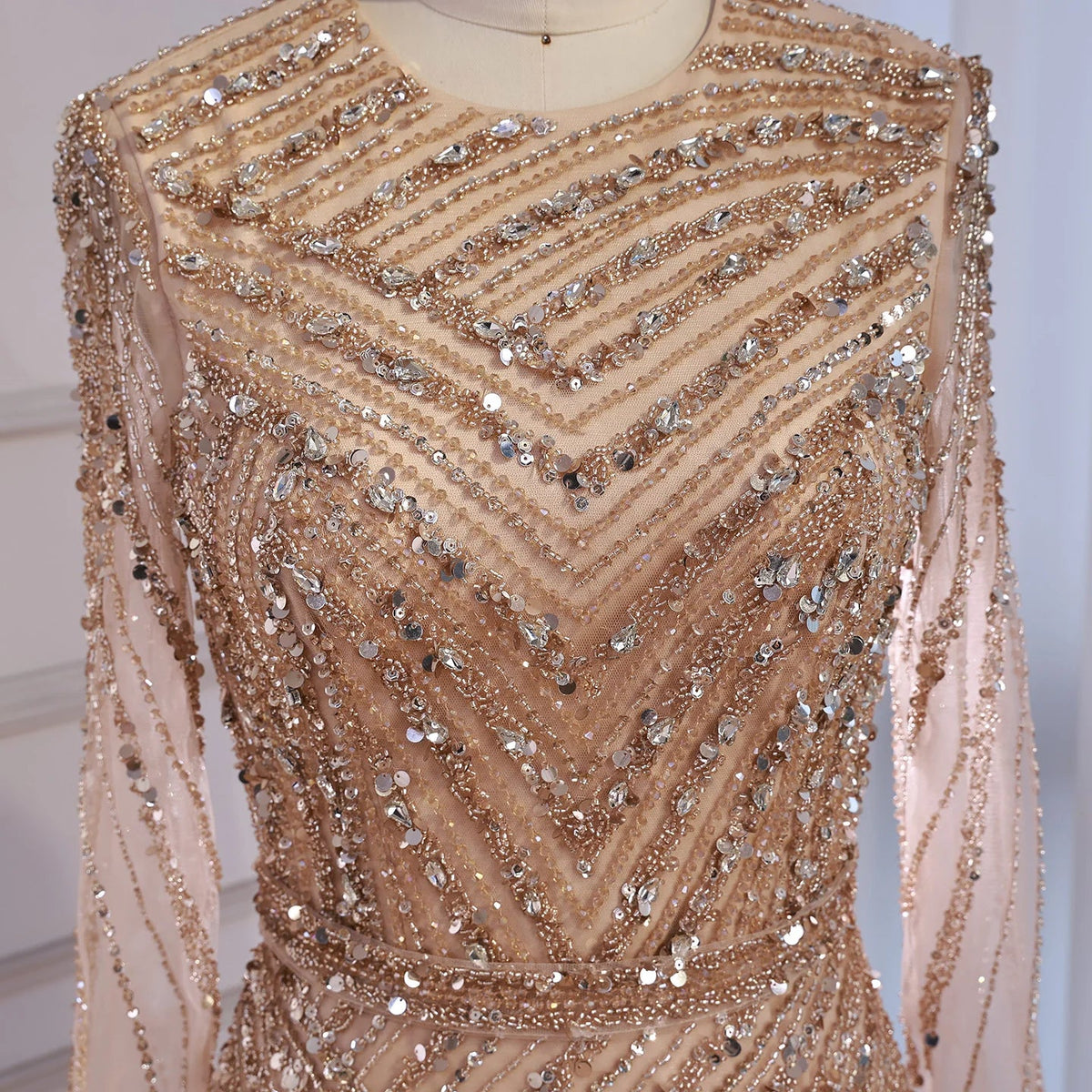 Zapdress Nude Crew Neck A-line Long Sleeves Evening Dress Beaded Wedding Party Gowns for Women 2026 Customized (ZD17382)