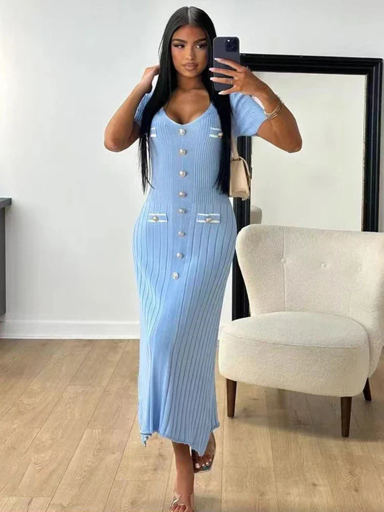 V-Neck Knitted Short Sleeve Button Work Dress - View 3 | VelvetHem
