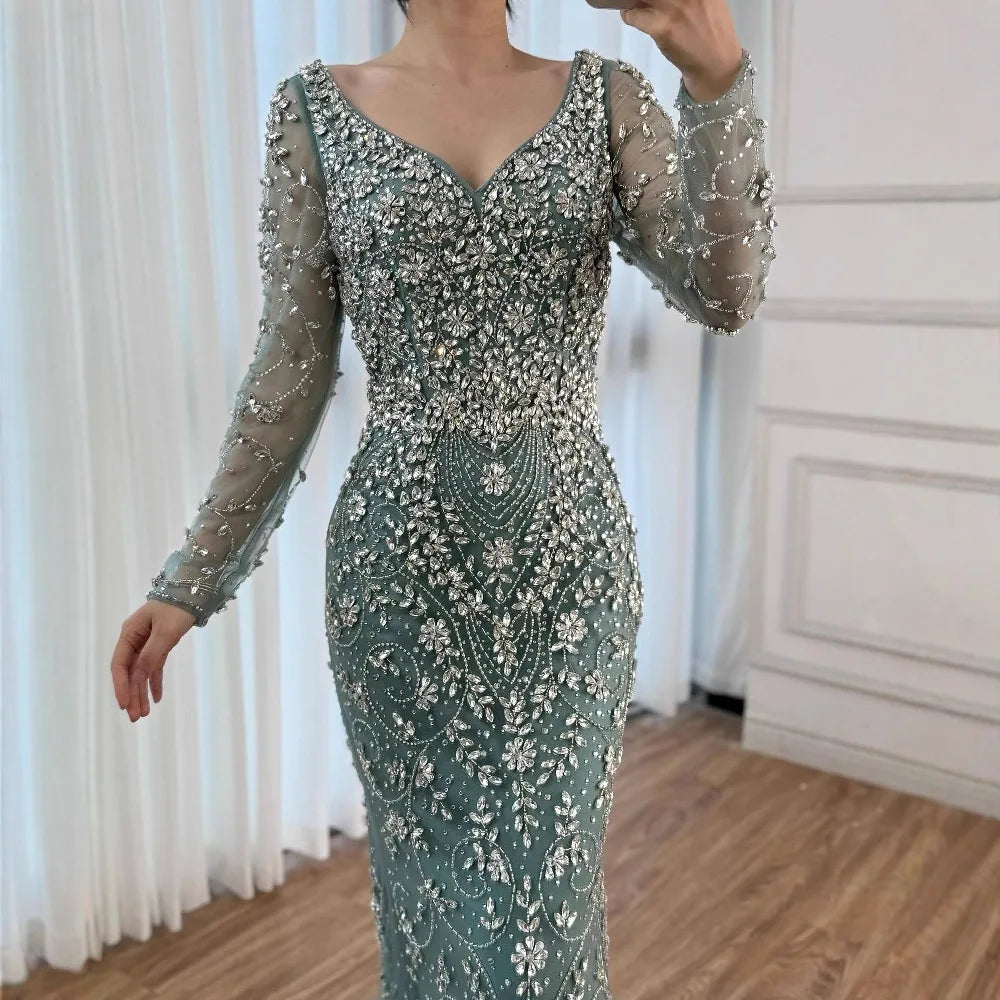 Zapdress Turquoise V-neck Long Sleeve Mermaid Beaded Evening Dresses 2025 Luxury Party Gowns for Women DLA73042 Customized (ZD17314)