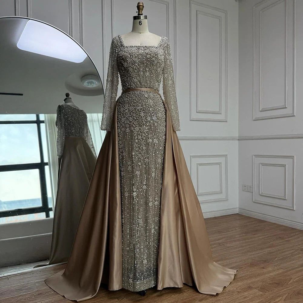 Zapdress Turquoise Square Collar Mermaid Beaded Evening Dress Overskirt Party Gowns with Long Sleeves Customized DLA72533A (ZD17193)