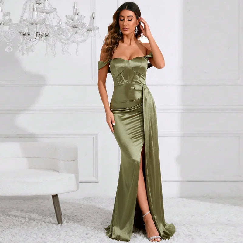 Off Shoulder Satin Mermaid Maxi Dress - View 7 | VelvetHem