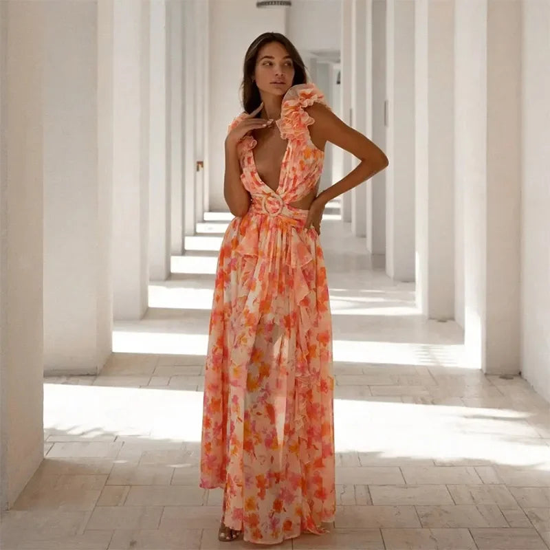 Ruffle Split Lace-up Floral Dress - View 6 | VelvetHem