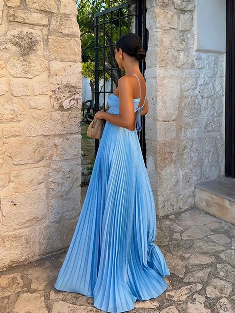 Pleated Blue Halter Maxi Dress - View 2 | VelvetHem