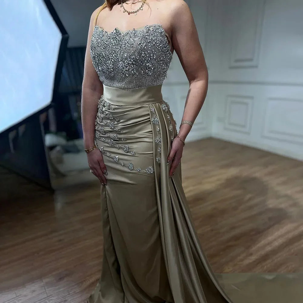 Zapdress Customized Nude Strapless Mermaid High Split Evening Dresses with Skirt Beaded Party Gowns For Women 2025 (ZD17205)