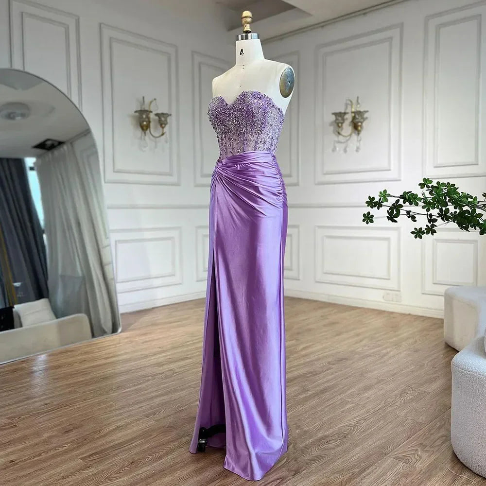 Zapdress Customized Lilac Satin Split Strapless Mermaid Evening Dresses Beaded Party Gowns for Women Bridesmaid (ZD17313)