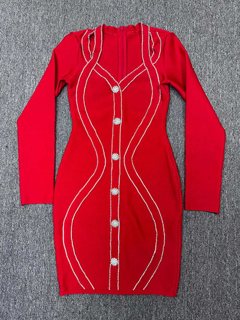 Spring Elegant Women Diamond Set Bandage Dress V-neck Long Sleeve Bodycon Single breasted Mini Dress Evening Party Vestidos Red