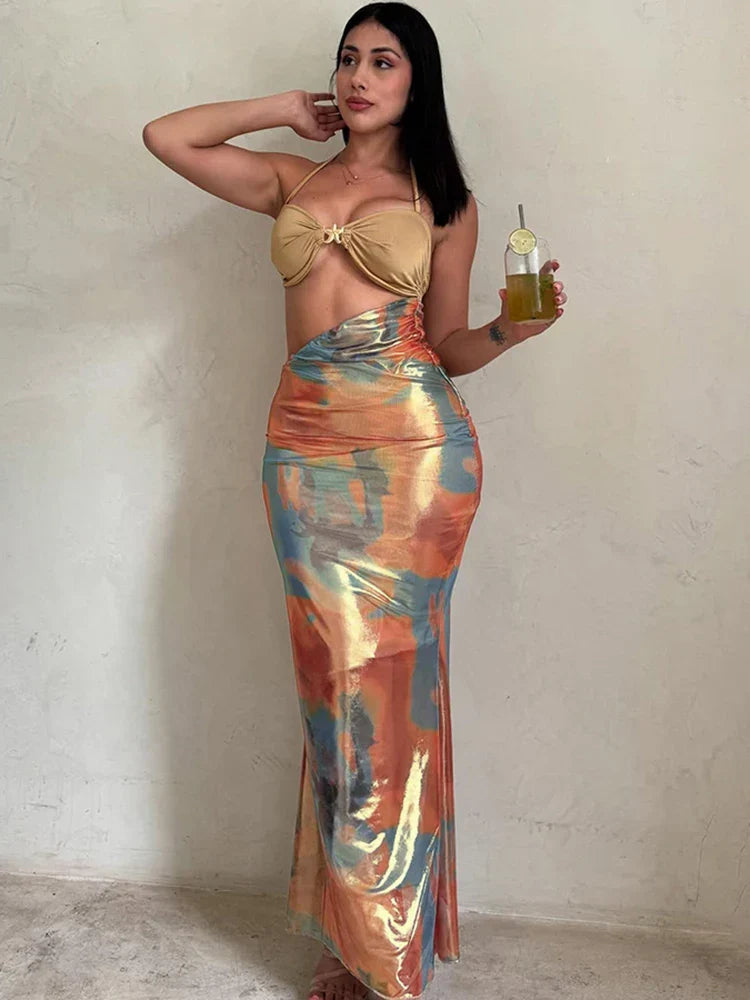Colorful Patchwork Halter Floral Dress - VelvetHem