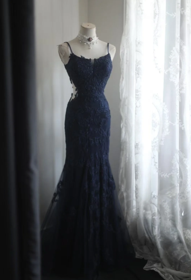 Elegant Spaghetti Straps Navy Blue Tulle Lace Appliques Mermaid Evening Dress Birthday Outfits - FashionDia