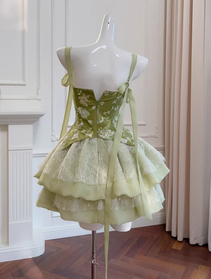 Pretty Green Satin Lace Short homecoming Dress Birthday Outfits - View 3 | FashionDia