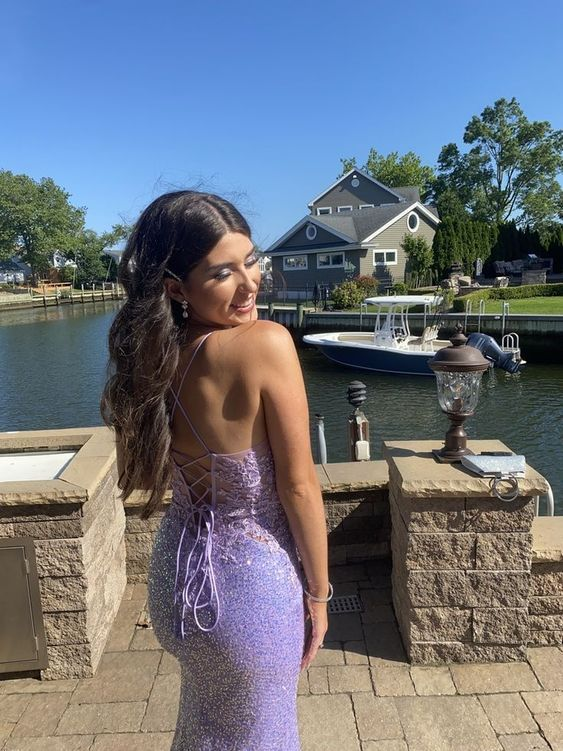 Shiny Purple Spaghetti Straps Mermaid Long Prom Dress - View 3 | FashionDia