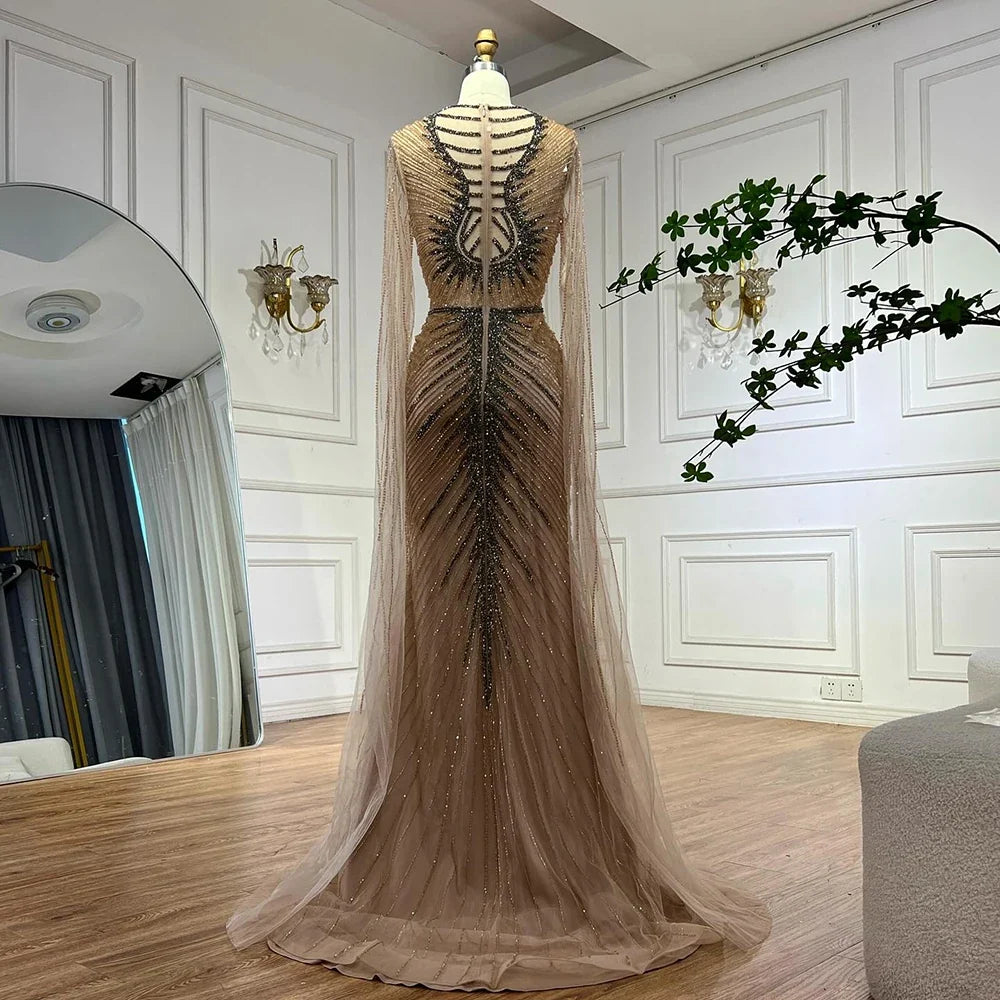 Zapdress Luxury Beaded Mermaid Evening Dresses with Cape Sleeves Caramel Formal Party Gown for Women Customized (ZD17180)