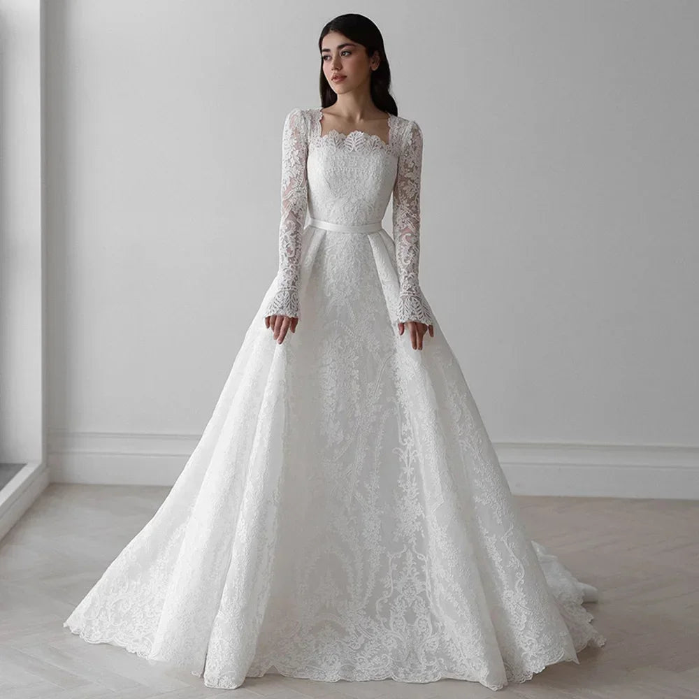 Customized Gorgeous Lace Long Sleeves Wedding Dress for Bride Square Neck Sweep Train Bridal Gown Vestido De Noiva (ZD17413)
