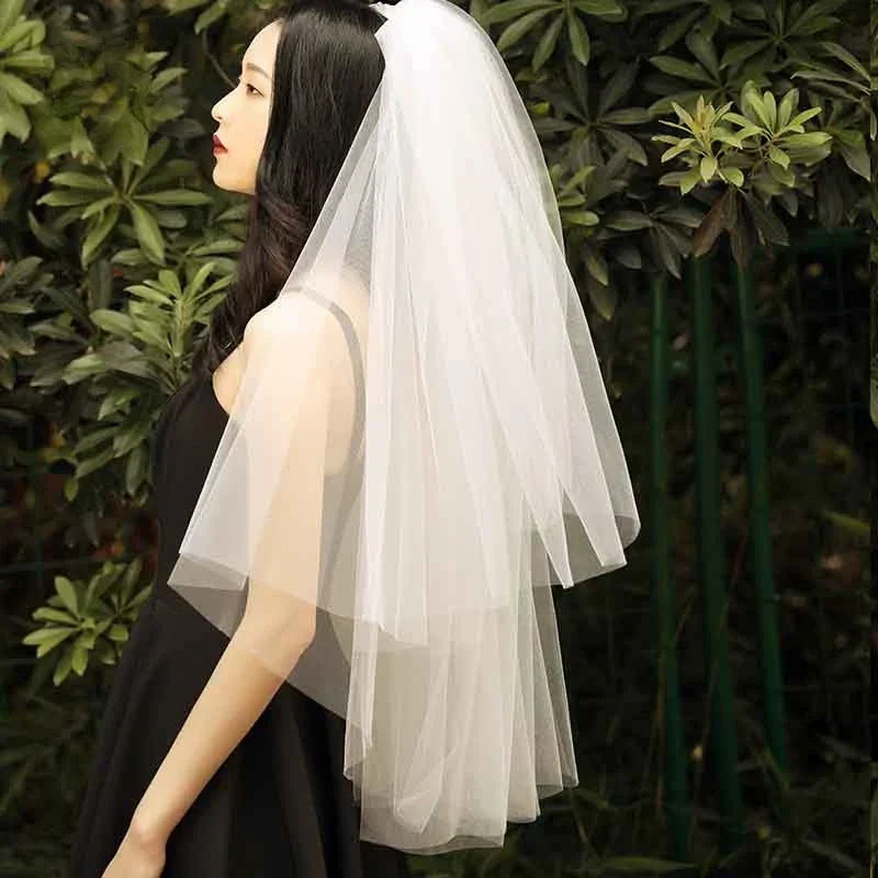 2 Layer Cut Edge Wedding Veil with Metal Comb in White ,Light Ivory