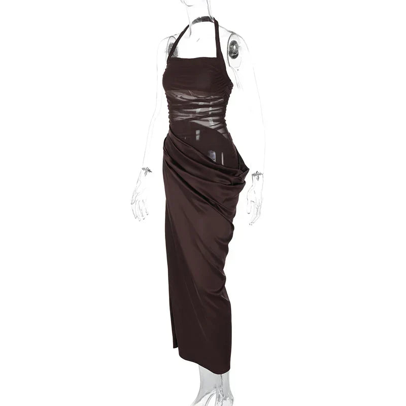 Mesh Patchwork Backless Halter Bodycon Gown