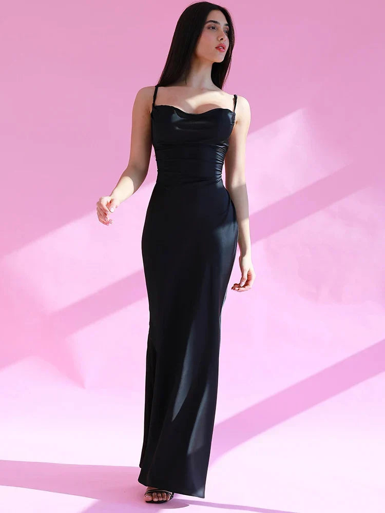 Satin Ruched Strap Maxi Elegant Silk Dress - VelvetHem