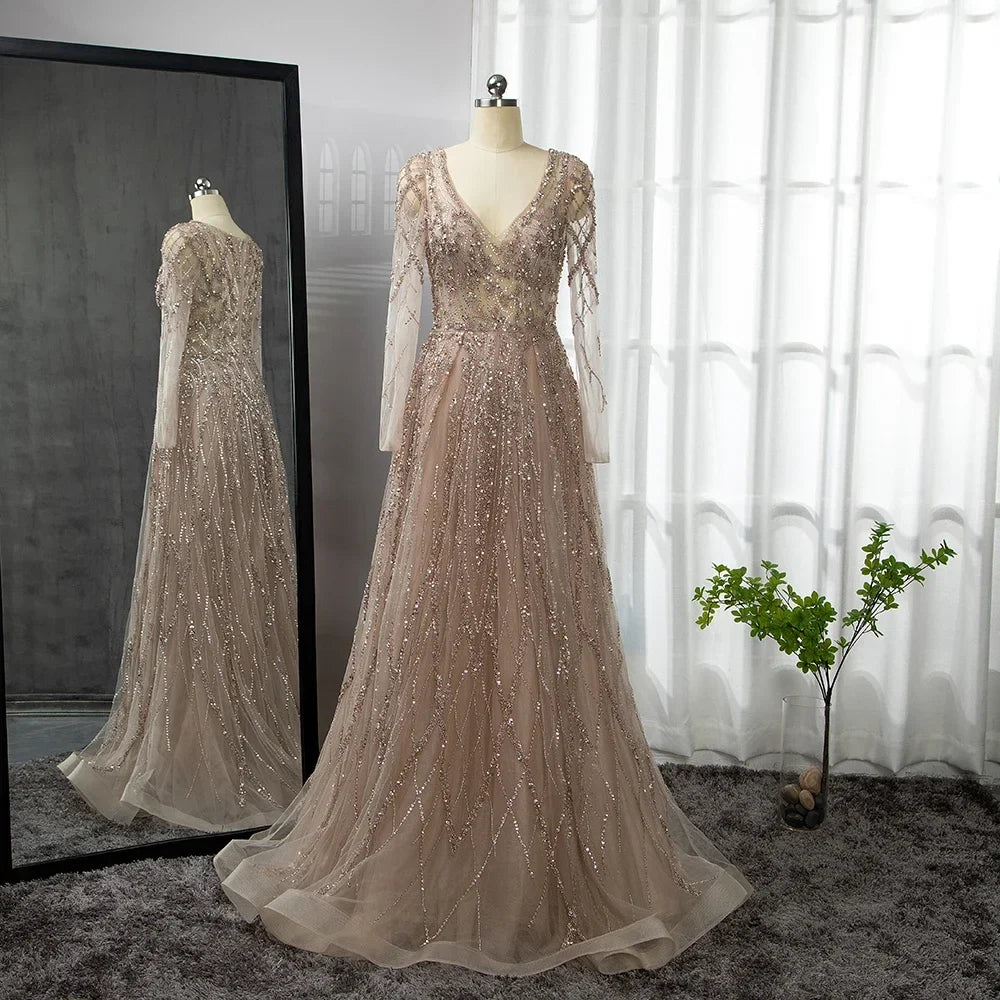 Zapdress Lilac V-neck A-line Long Sleeves Luxury Beaded Evening Dresses Party Gowns for Women Customized (ZD17273)
