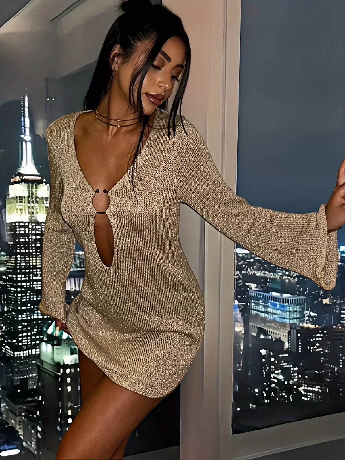 Knitted Flared Sleeve V Neck Mini Dress - View 2 | VelvetHem