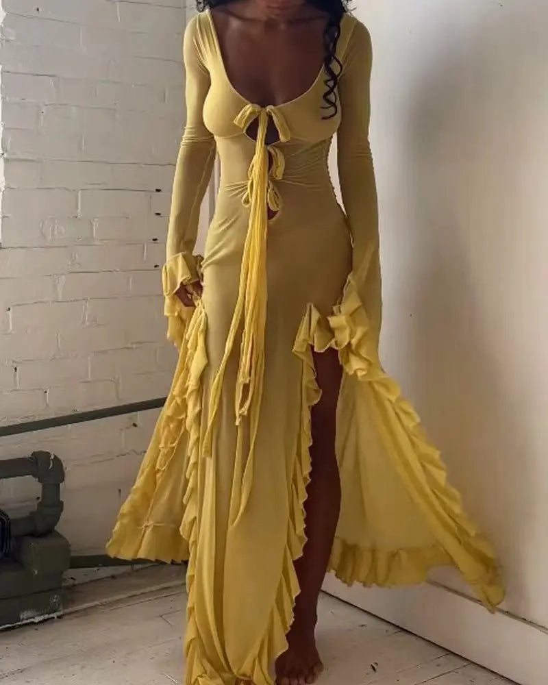 Summer Slim - Fit See - Through V - Neck Long Sleeve Dress