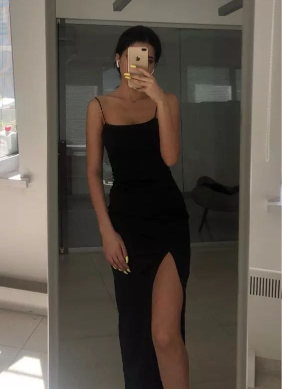 Spaghetti Straps Column/Sheath Long Prom Dress Simple Prom Dress With Split Classic Style Black Evening Dress - FashionDia