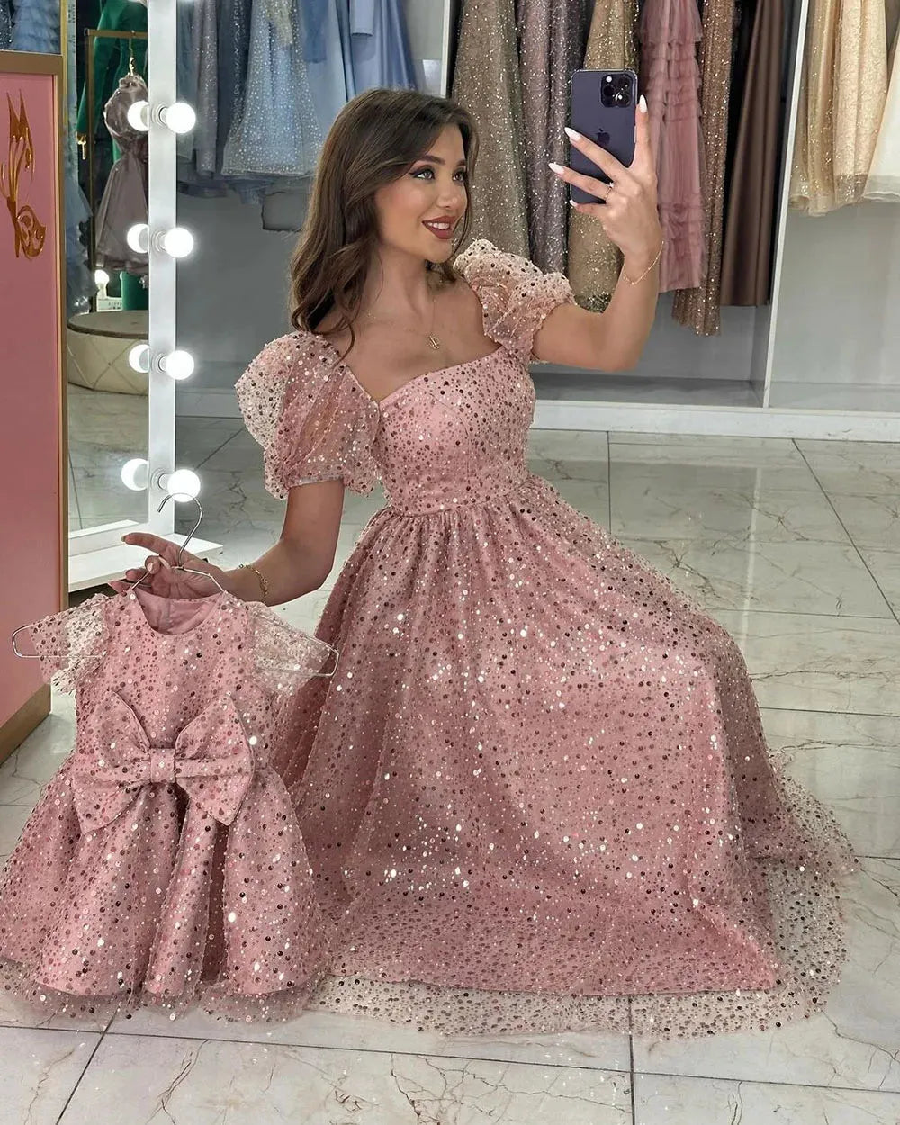 Pink Sequins Shiny Prom Dress Short Sleeves Special Occasion Gowns Prom Dresses Mother And Child Party Dress