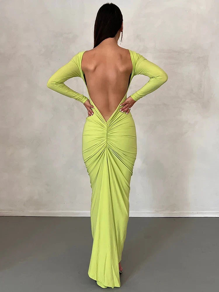 Draped Backless Long Sleeve Maxi Dress - View 6 | VelvetHem