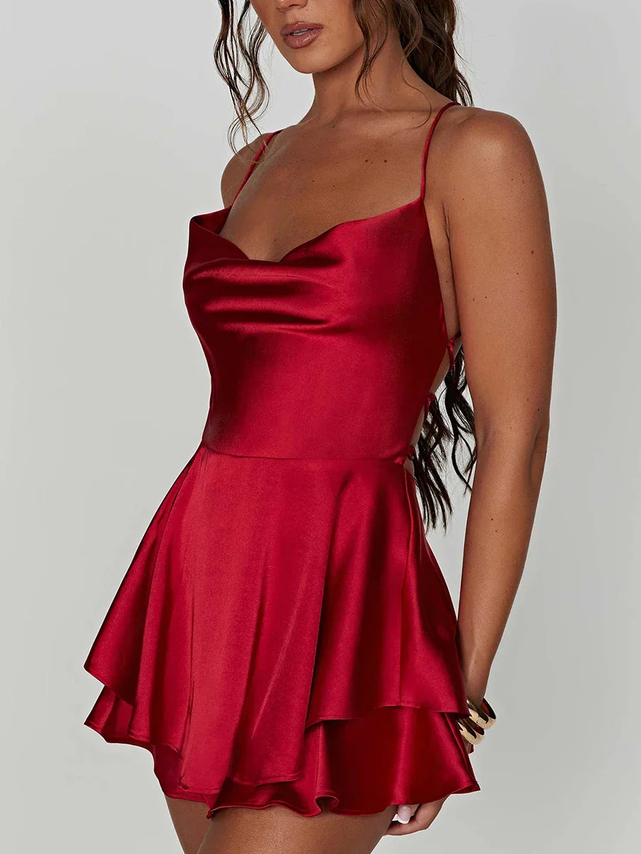 Satin Cowl Neck Tie Back Romper Mini Dress - View 5 | VelvetHem