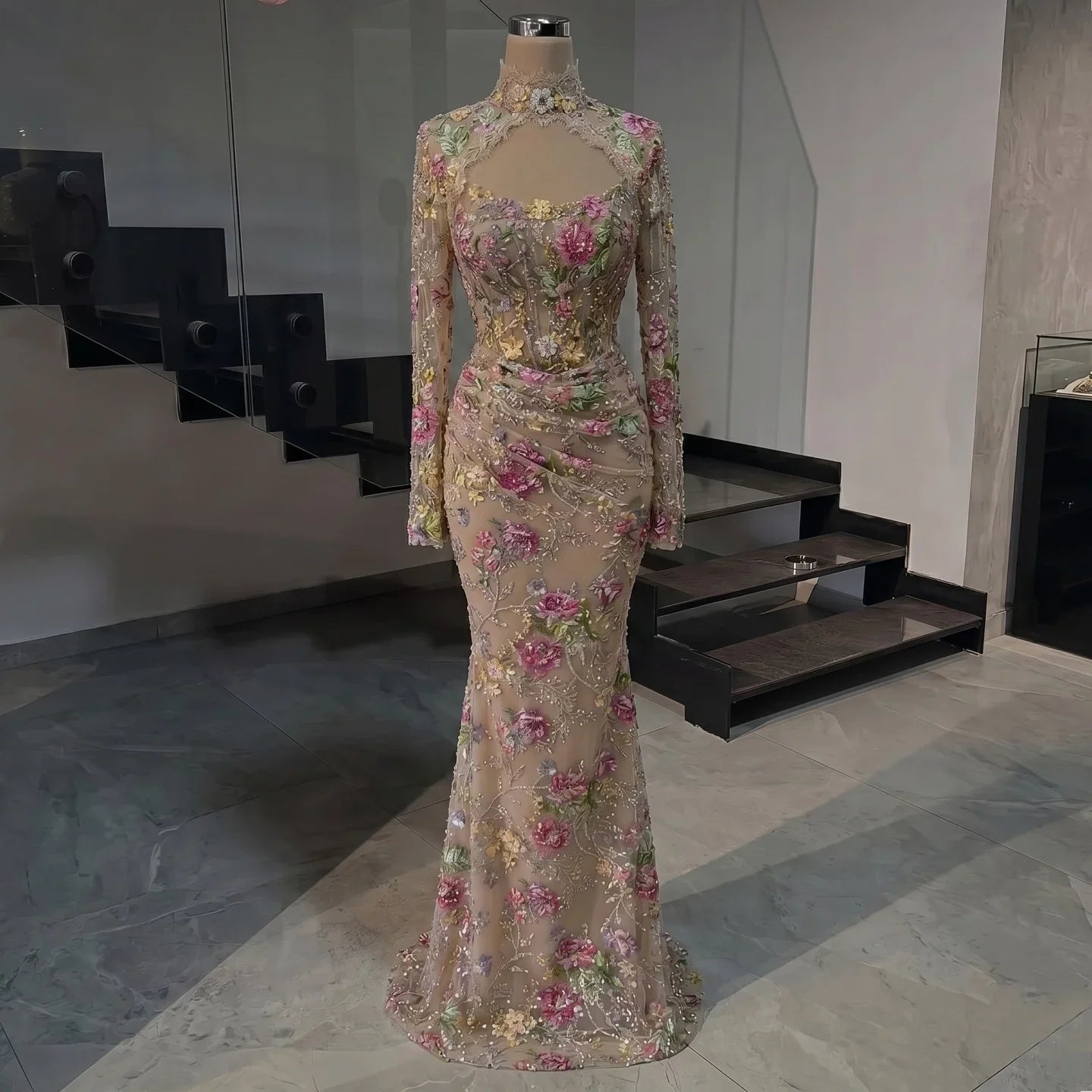 Zapdress Mermaid Long Sleeves Evening Dress Flower Pattern Formal Wedding Party Gowns for Women 2026 DLA73552F Customized (ZD17291)