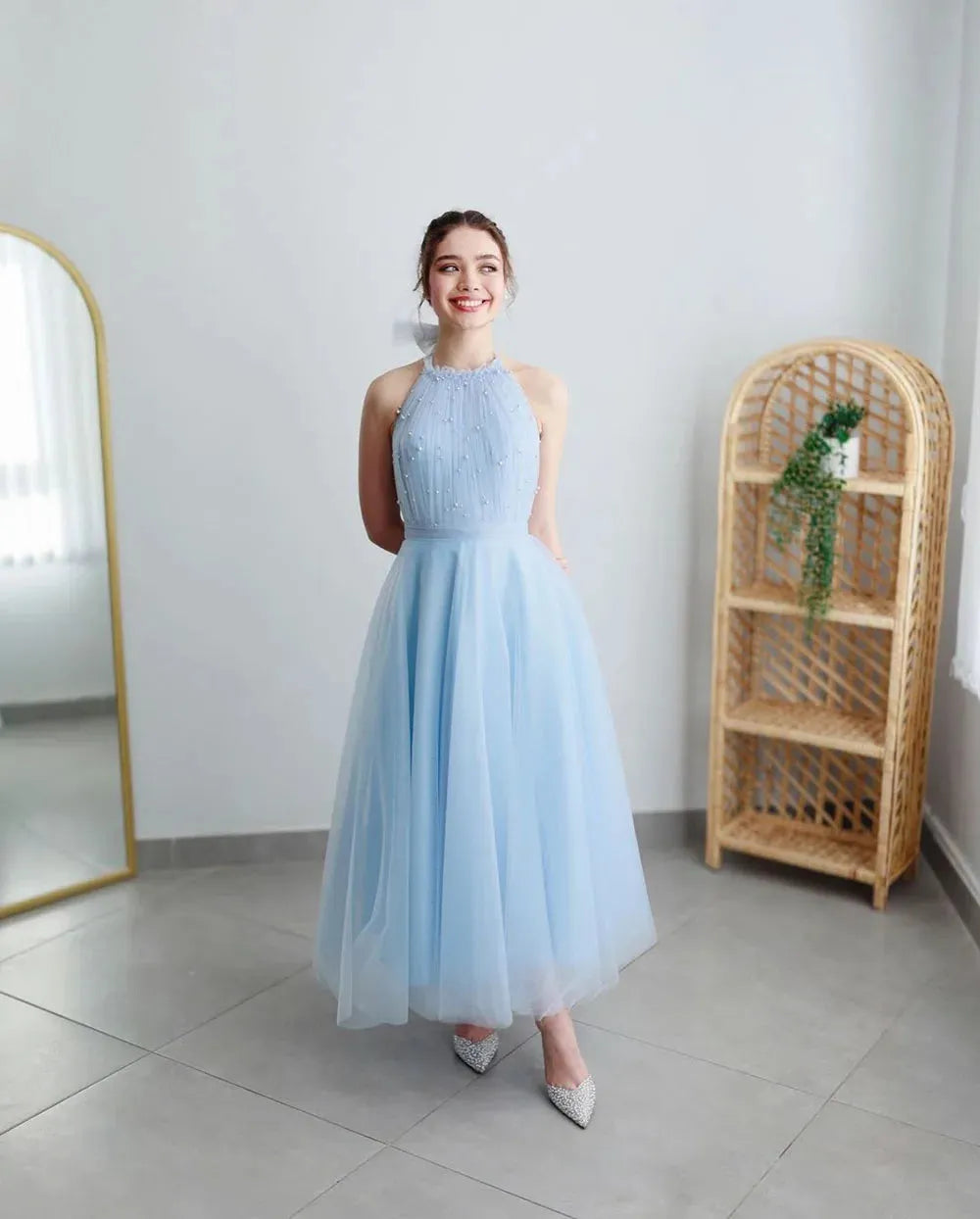 Blue Short Evening Dress Backless Tulle Pearls A-Line Prom Gowns Ankle Length Prom Dresses Graduation Party Gown