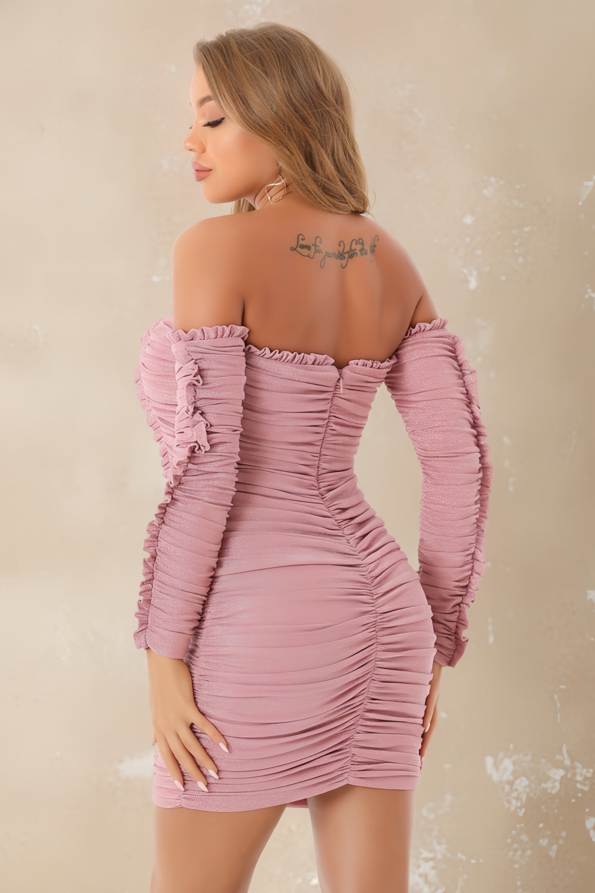 Ruched Bodycon Mini Dress with Off-the-Shoulder Neckline and Ruffles