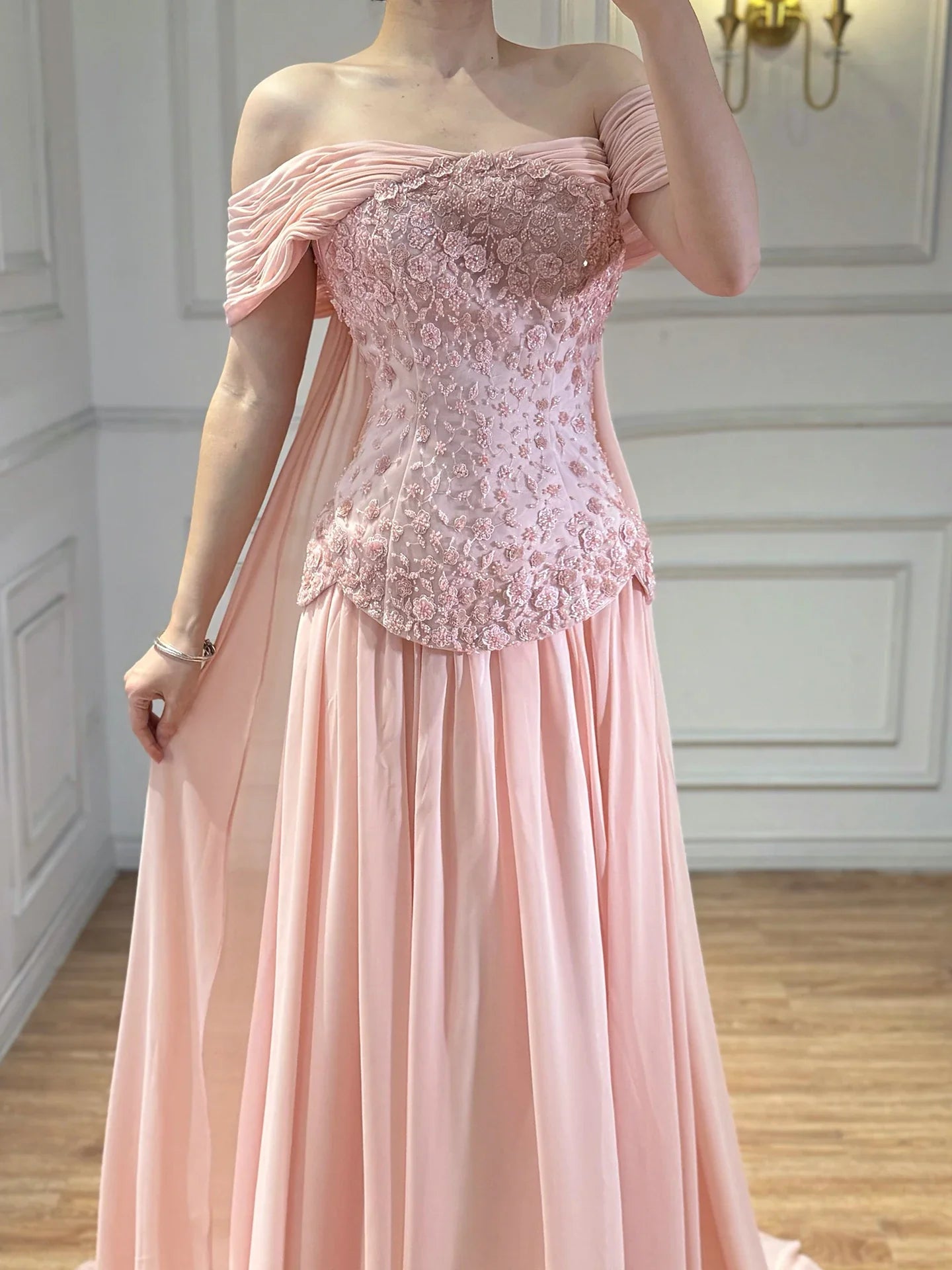 Zapdress Pink Chiffon Evening Dress 2026 Elegant Off-Shoulder Formal Party Gowns with Cape at the Back Customized (ZD17254)