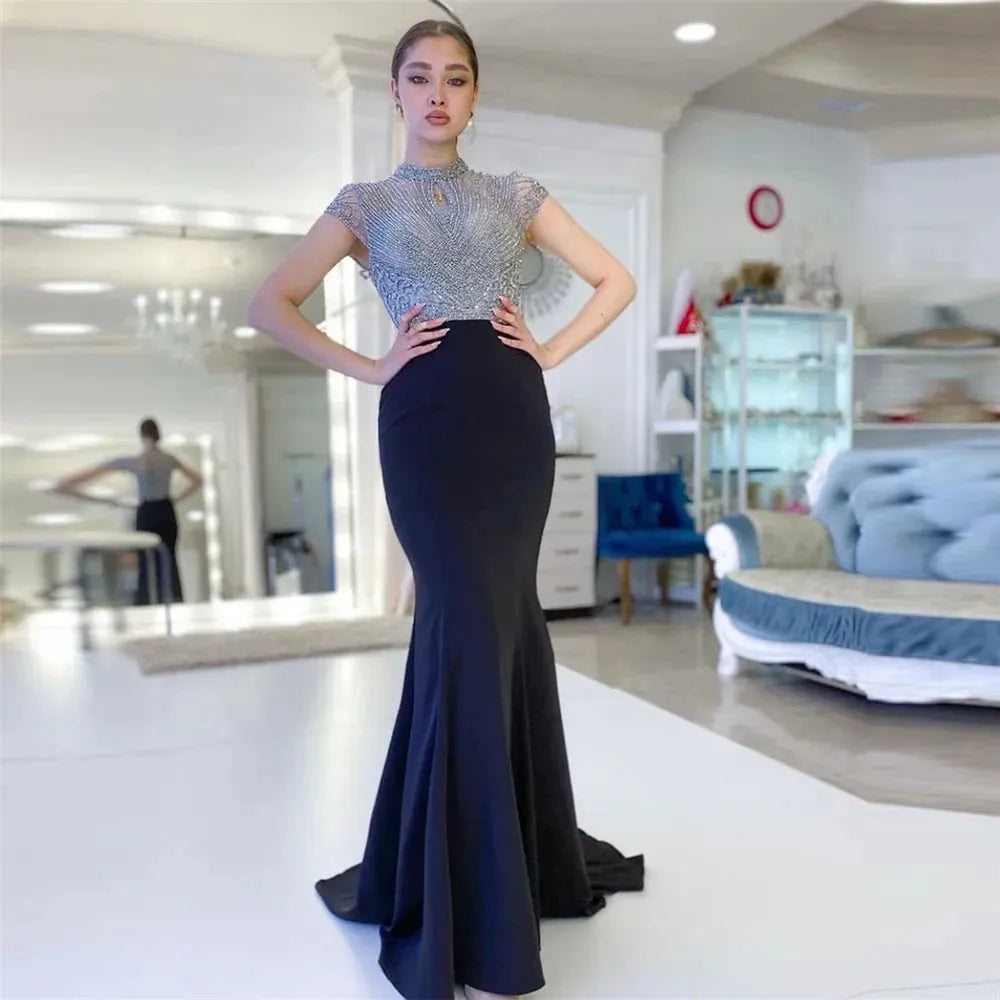 Modest Glitter Sequin Evening Dresses Mermaid O-Neck Cap Sleeves Prom Dresses Pleat Floor Length Vestidos De Gala As Picture