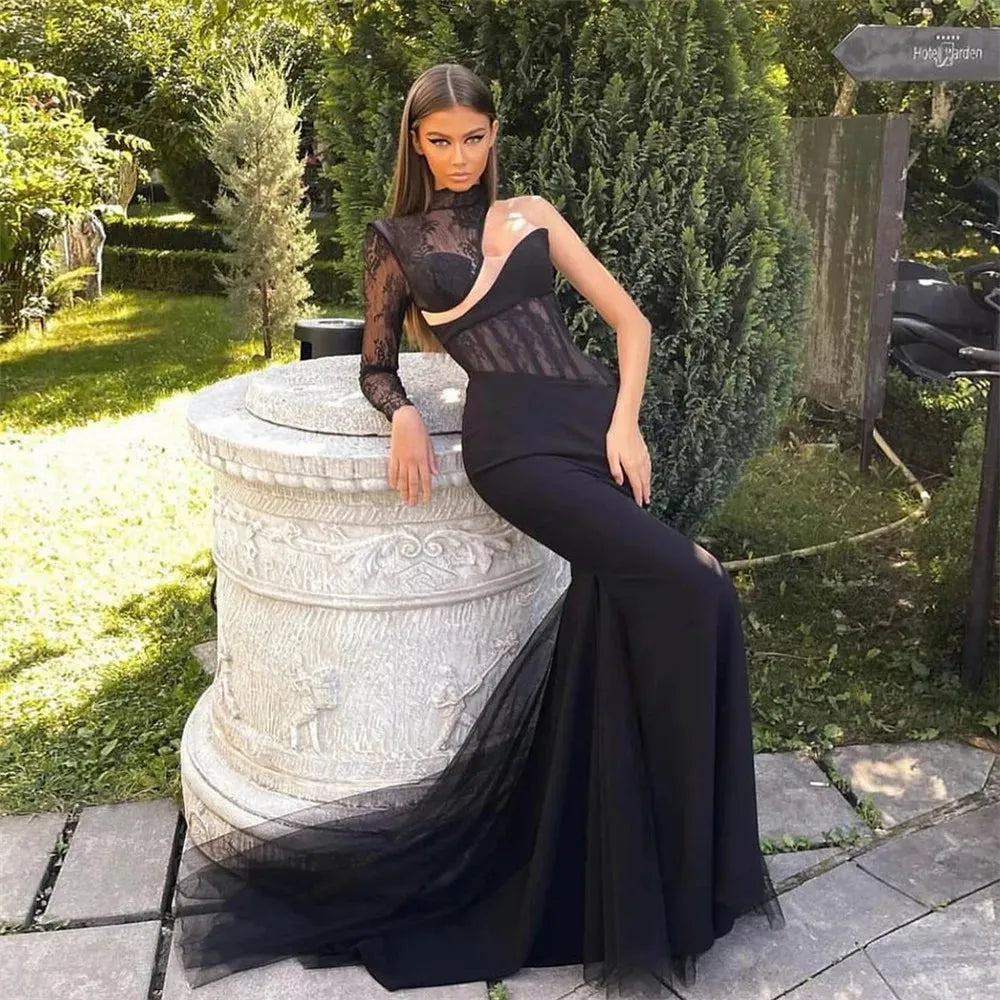 Fashion Black Prom Dress Mermaid Lace One Shoulder Fitted Bones Ruched Floor Length Formal Evening Dress Party Gown Black