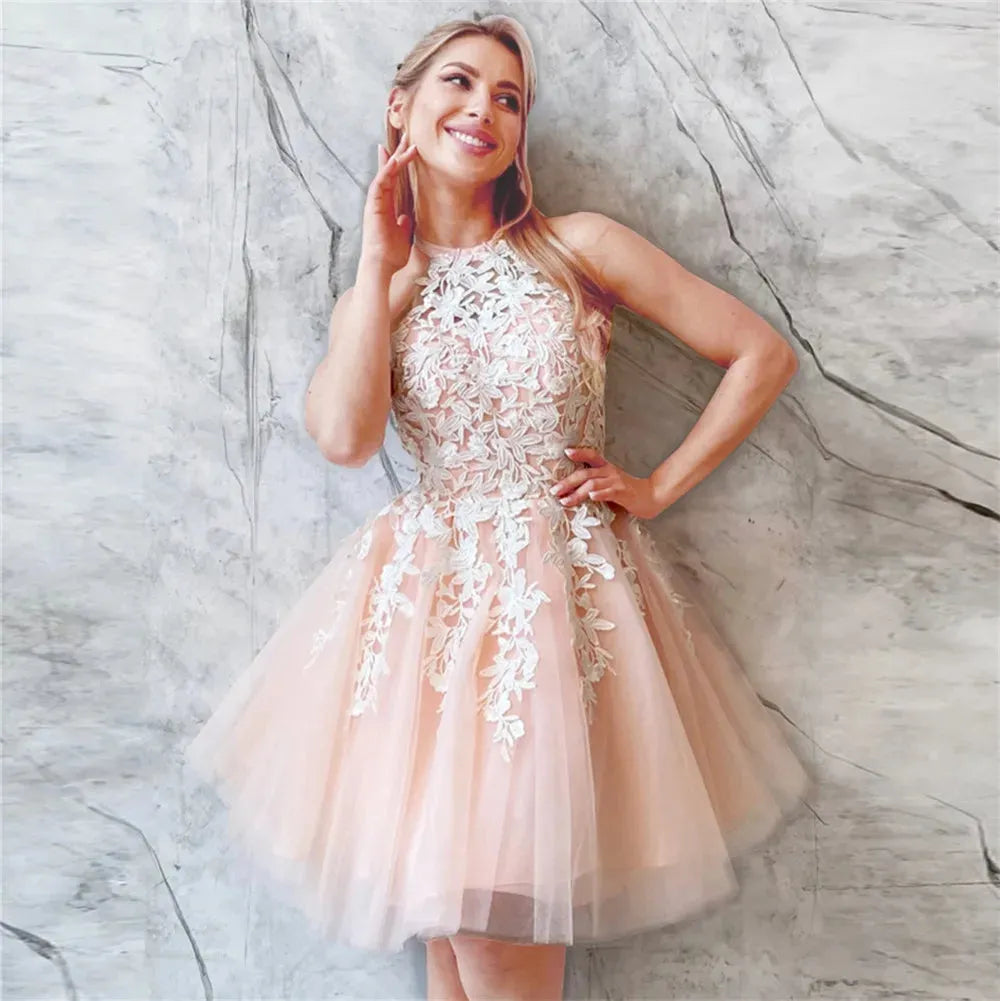 Fairy Pink Prom Dresses Halter Above Knee Appliques Pleat Ruched Homecoming Dresses vestidos de graduación Pink