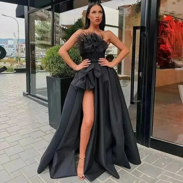 Sexy Side Split Satin Prom Dresses Strapless Long Formal Occasion Dress Party Gowns Black Women Evening Dresses Black