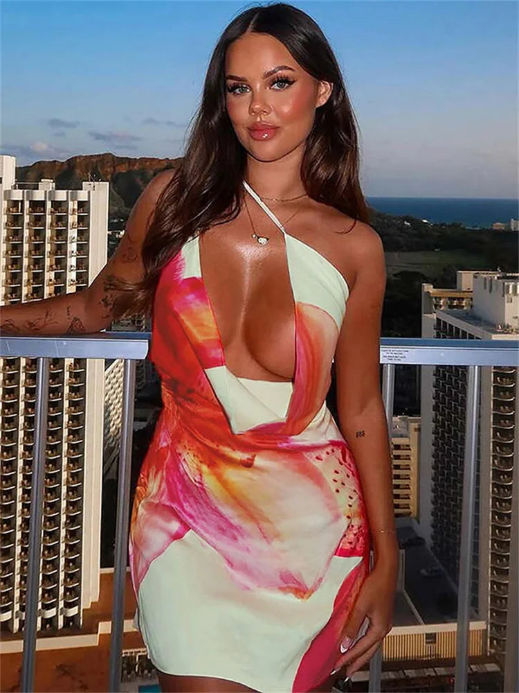Printed One Shoulder V Neck Mini Dress - View 2 | VelvetHem