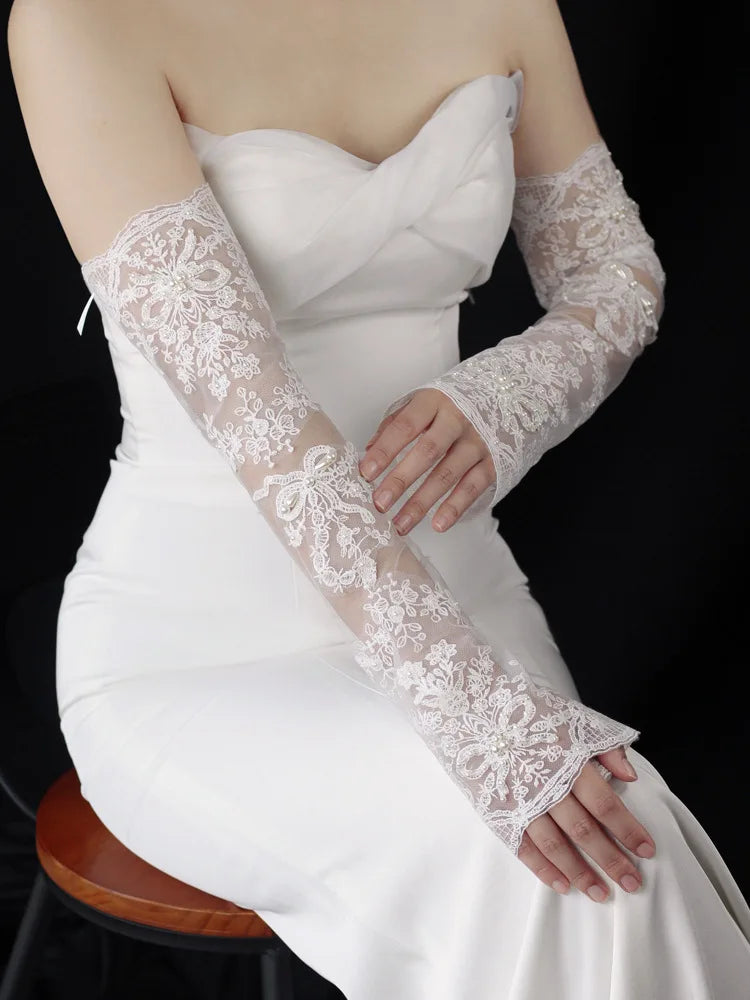 Long Bridal Gloves Vintage Flower Pearls Wristband Wedding Glove For Women Girl Party Evening Dress Jewelry Bride Accessories k