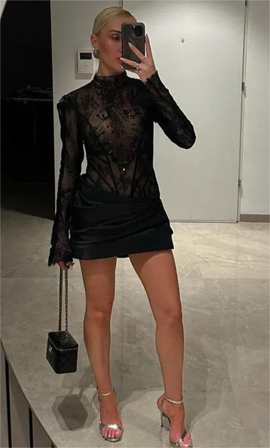 Sexy Black Lace Prom Dress Mermaid High Neck Pleated Long Sleeves Above Knee Evening Dress vestido de gala