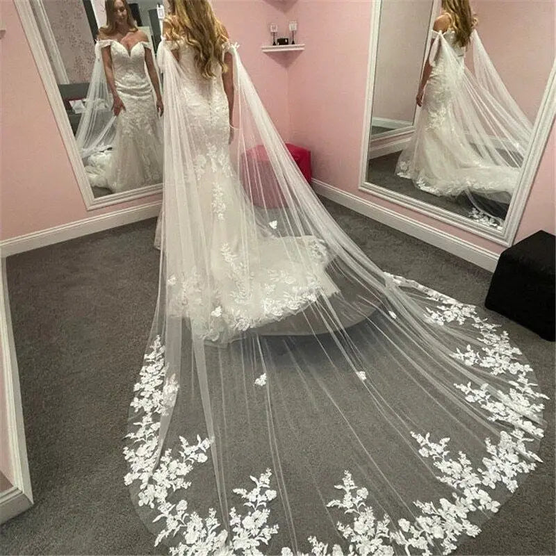 Wedding Cape , Lace Bridal Veil , Wedding Cloak Shoulder Veil , Cathedral Cloak in White , Off-White , Ivory Off-White