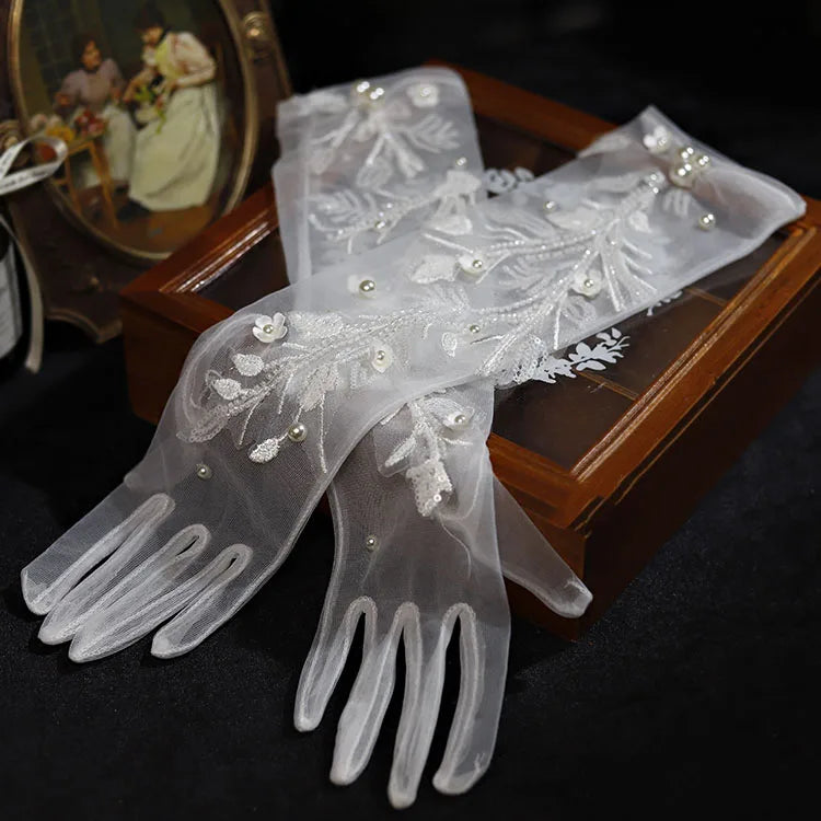 Long Bridal Gloves Vintage Flower Pearls Wristband Wedding Glove For Women Girl Party Evening Dress Jewelry Bride Accessories