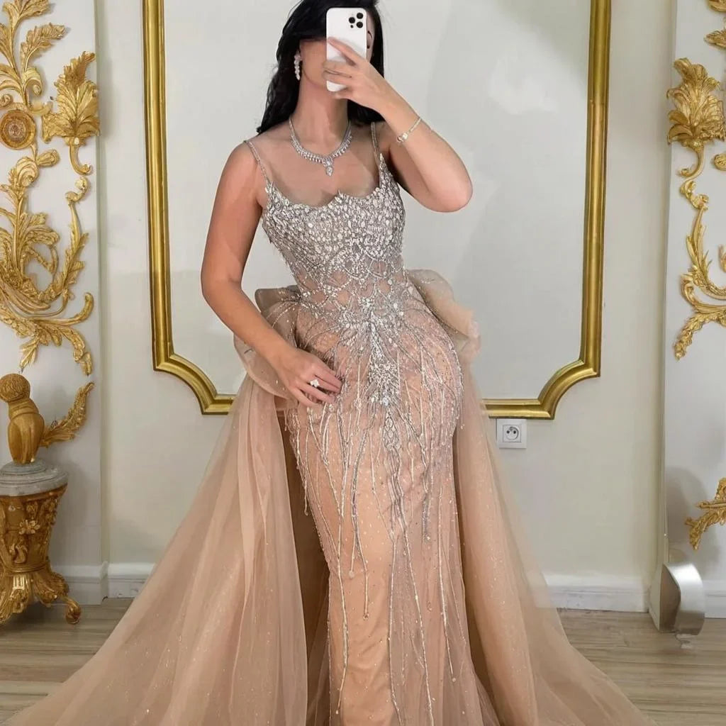 Zapdress Pink Spaghetti Strap Mermaid Beaded Evening Dresses with Overskirt Formal Party Gowns for Women DLA72810 Customized (ZD17232)