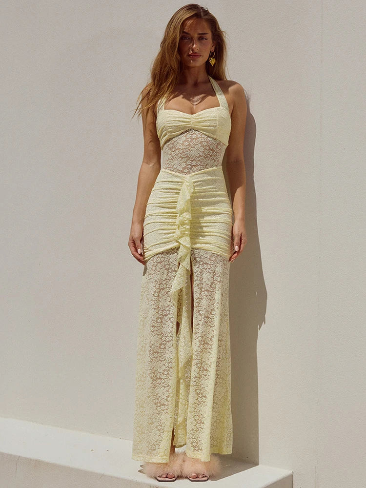 Lace Satin Halter Ruched Maxi Dress - View 4 | VelvetHem