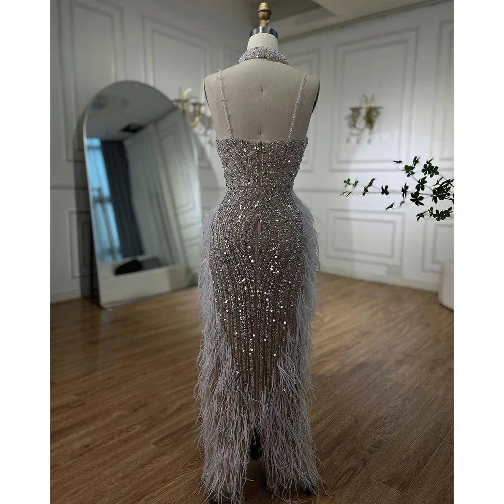 Zapdress Customized White Nude Mermaid Beaded Feather Evening Gowns 2026 Wedding Party Prom Dresses For Women (ZD17271)