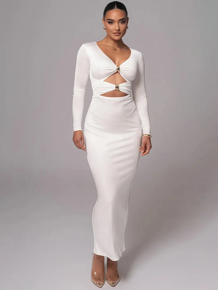 Hollow Long Sleeve Bodycon Midi Dress - View 3 | VelvetHem