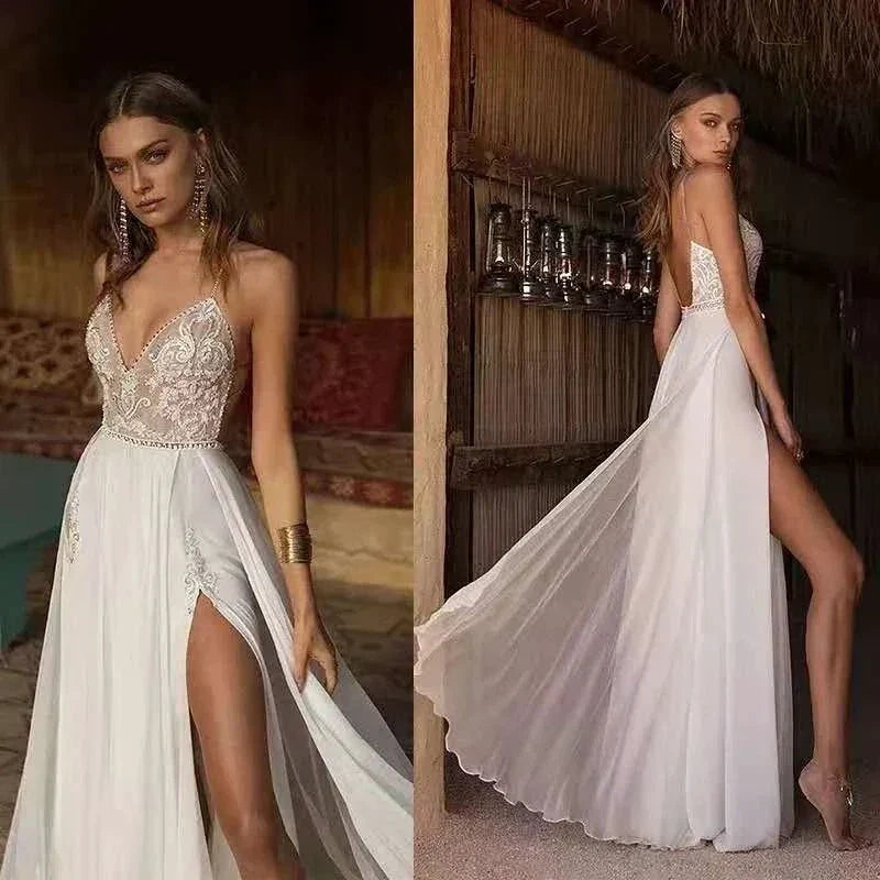 Boho Wedding Dress Sexy Slit Beach Wedding Dress V Neck Bridal Gown Spaghetti Strap Chiffon Backless Vestido De Noiva Brautkleid (ZD14017)