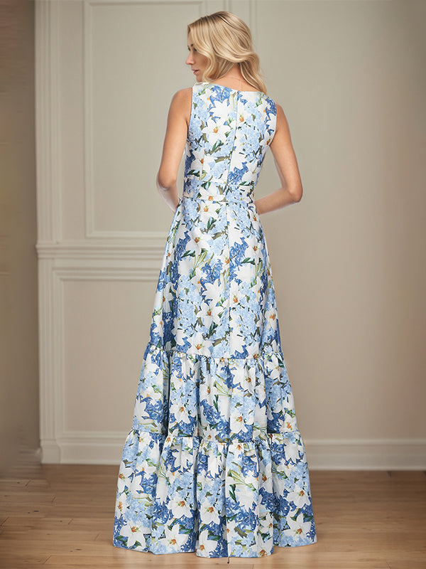 A-Line V-Neck Sleeveless Azure Floral Mother of the Bride Dress